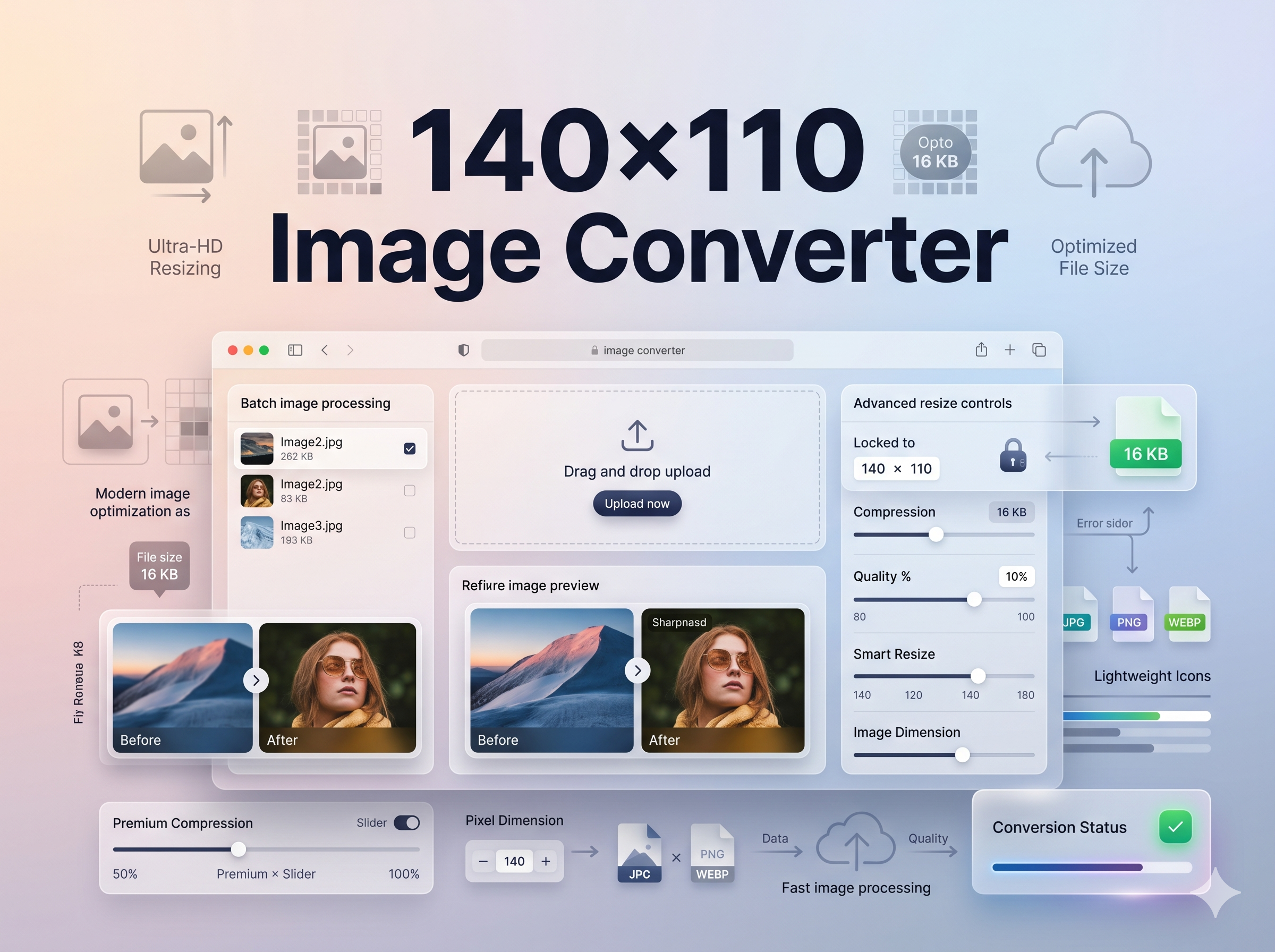 140×110 Image Converter - Online tool dashboard showing drag-and-drop upload area, before-after preview cards, resize controls for converting images to 140x110 pixels with 16 KB file size optimization