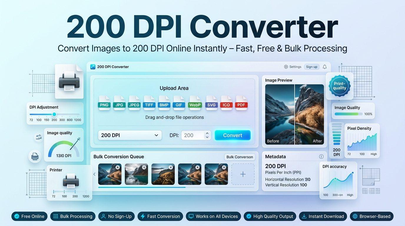 200 DPI Converter online interface showing bulk image DPI conversion, upload area, before-and-after preview, DPI adjustment slider, metadata panel, and high-quality print settings.